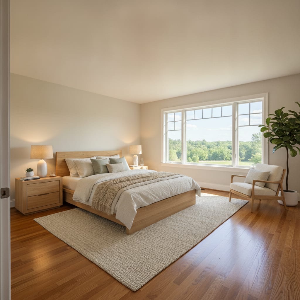 A staged bedroom with an oak bed, layered bedding, and a reading chair by a wide picture window