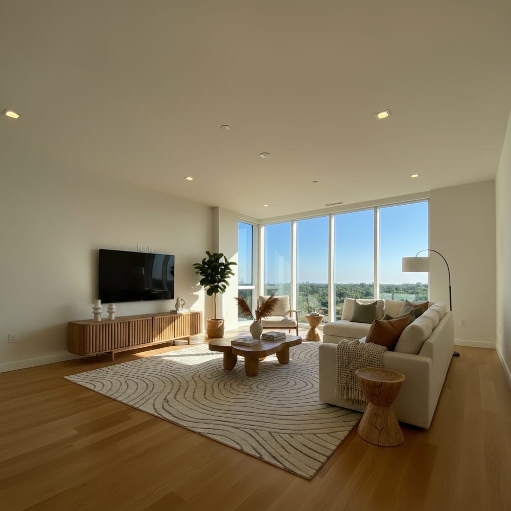 Before and after: an empty living room with floor-to-ceiling windows over a treeline, then the same room virtually staged with a cream sectional, a patterned rug, and an oak media console