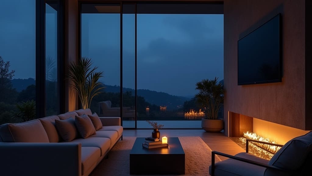 A staged living room at night lit by a fireplace and warm lamps, hills and distant lights through floor-to-ceiling windows