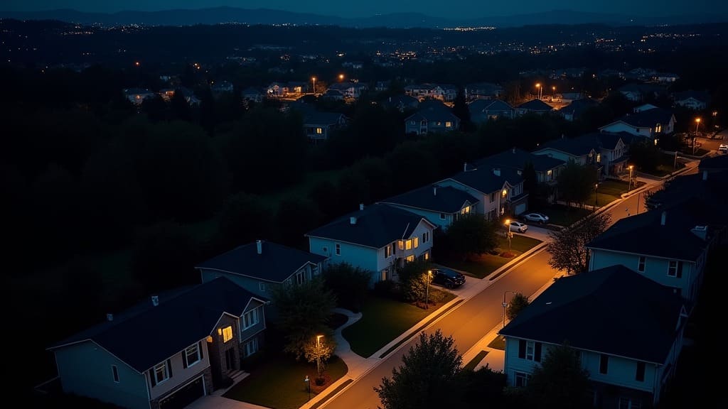 A twilight aerial view of a residential neighborhood after dark, windows and streetlights glowing along the streets