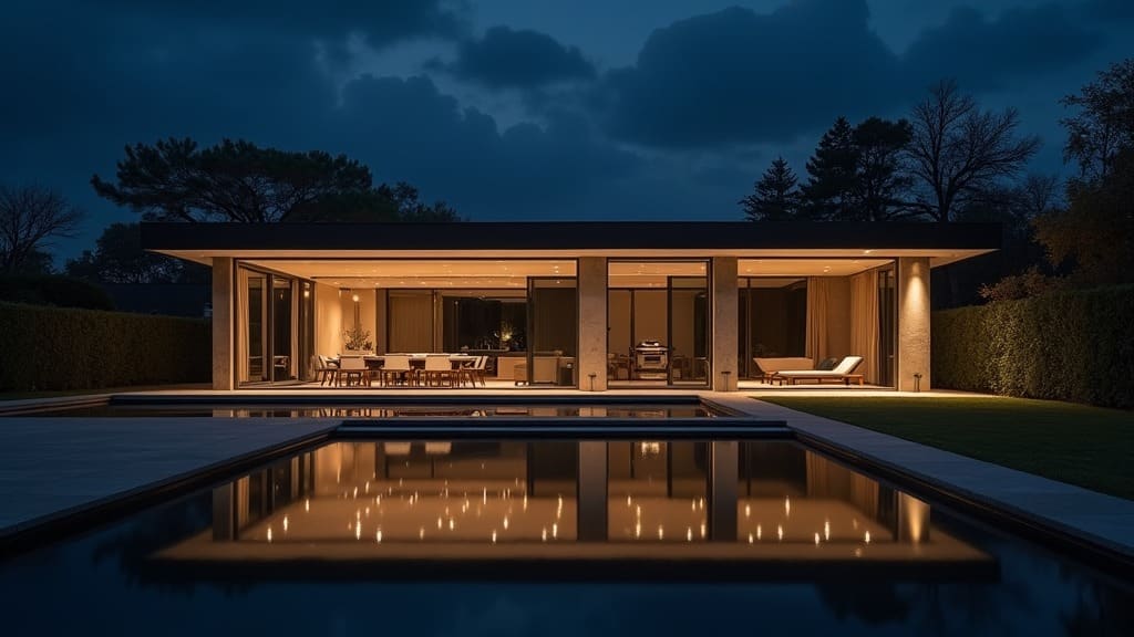 A modern single-story home at night mirrored in a still reflecting pool, warm interior light spilling out