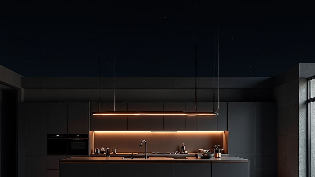 A dark modern kitchen at night, a sculptural pendant light glowing warm over the island