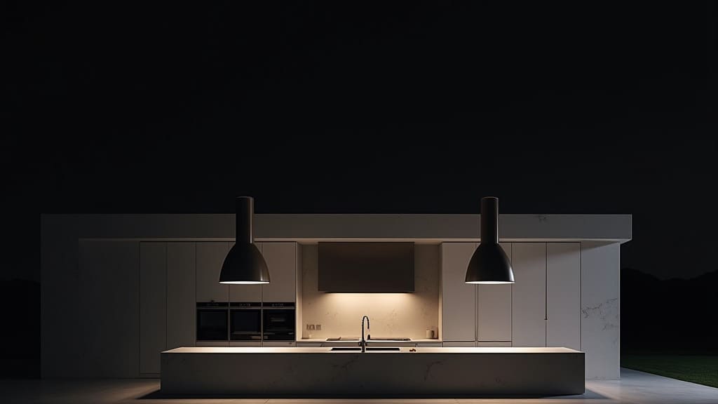A minimalist kitchen at night, two pendant lights glowing over a pale stone island in the dark