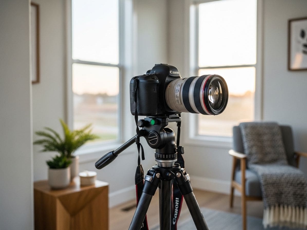 A DSLR camera with a telephoto lens mounted on a tripod in a sunlit living room