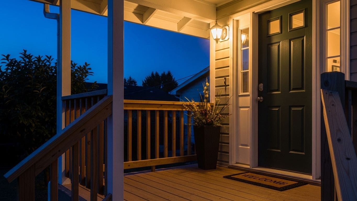 A lit front porch and doorway at dusk, warm lamplight against a darkening blue sky