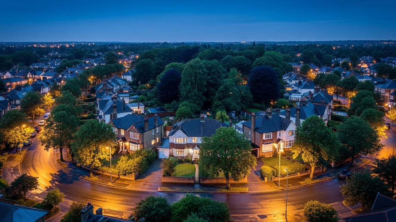 An aerial view of a residential neighborhood at dusk, streetlights glowing along curved tree-lined streets