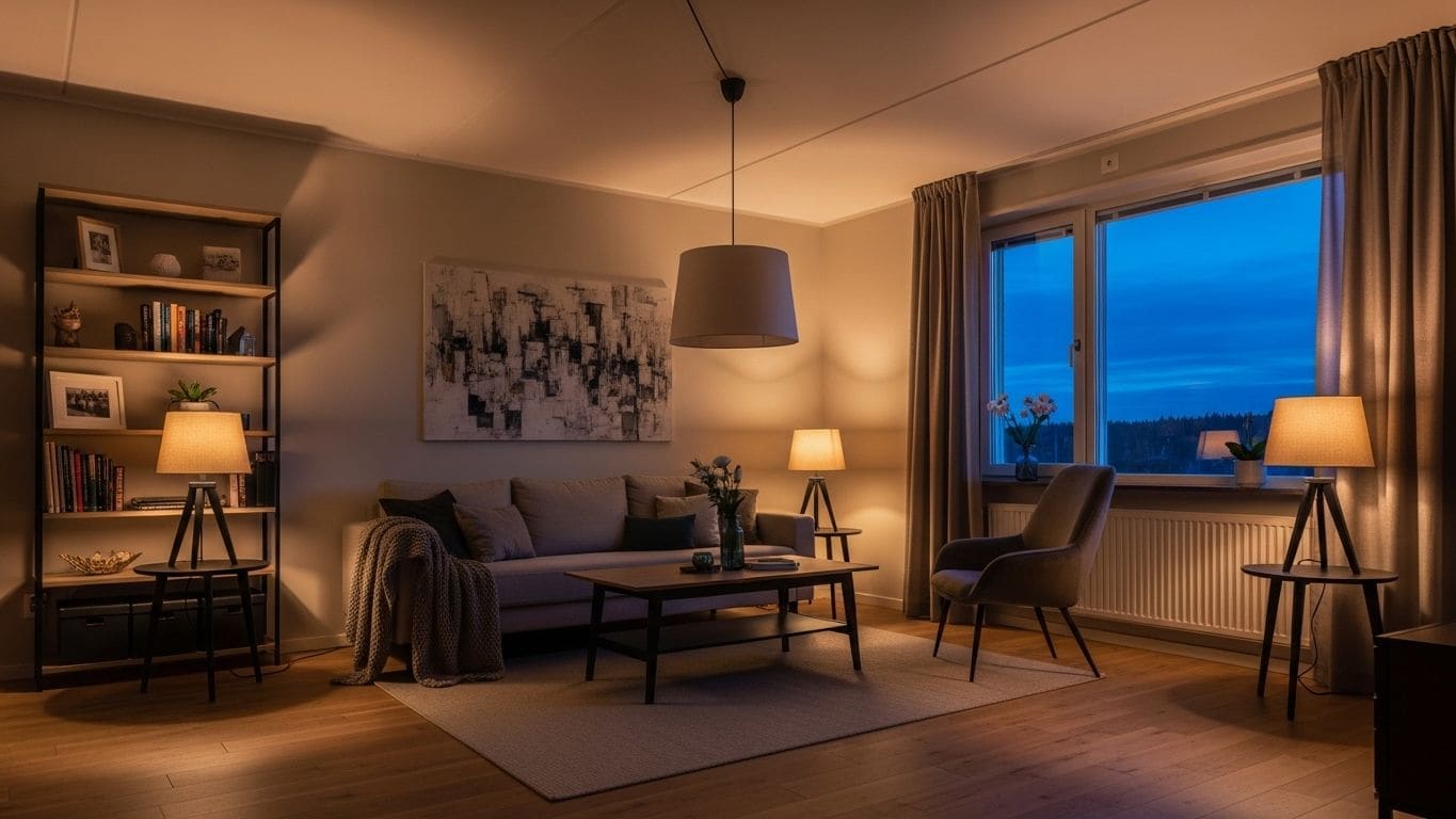 A living room lit only by lamps at dusk, with a sofa, an armchair, and a window showing the fading blue sky
